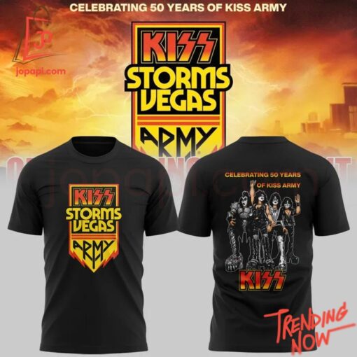 Vibrant 3D printed Celebrating Years Kiss Army Storms Vegas Shirt featuring a bold design