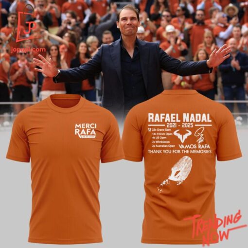 Vibrant 3D printed Rafael Nadal's Merci Rafa T Shirt featuring a bold design