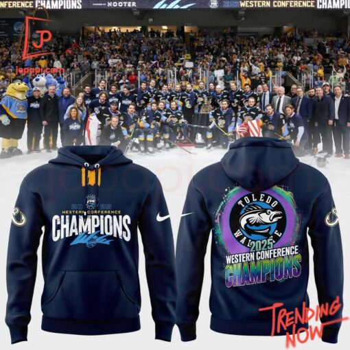Vibrant 3D printed Toledo Walleye Western Conference Champions Hoodie featuring a bold design