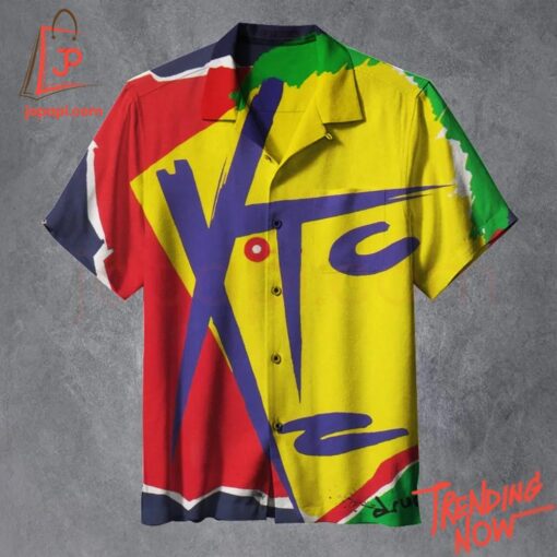 Vibrant 3D printed Xtc Band Drums And Wires Album Hawaiian Shirt featuring a bold design